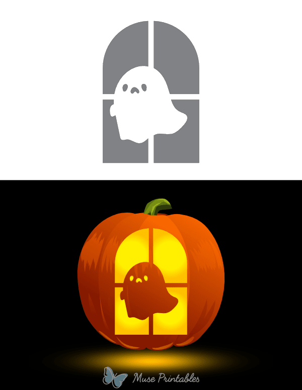 Cute Ghost At the Window Pumpkin Stencil