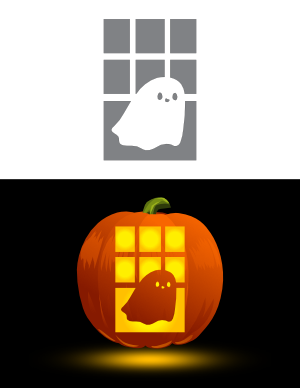 Cute Ghost In Window Pumpkin Stencil