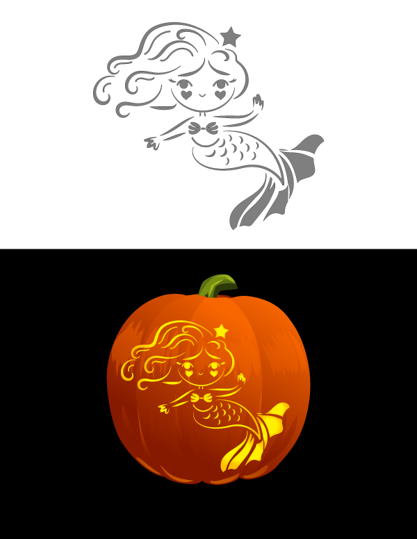 Cute Mermaid Pumpkin Stencil.