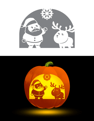 Cute Santa Claus and Reindeer Pumpkin Stencil