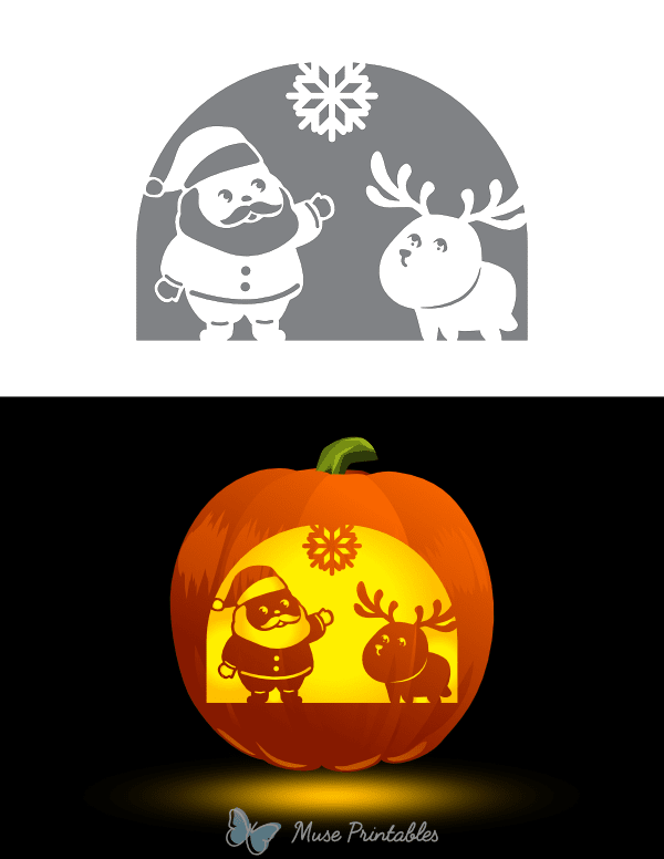 Cute Santa Claus and Reindeer Pumpkin Stencil
