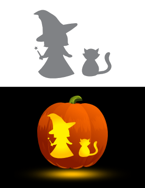 Cute Witch with Cat Pumpkin Stencil