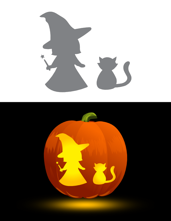 Printable Cute Witch with Cat Pumpkin Stencil