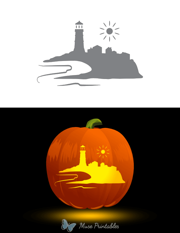 Daytime Lighthouse Scene Pumpkin Stencil