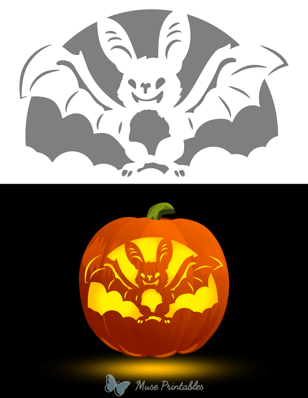 Detailed Cartoon Bat Pumpkin Stencil