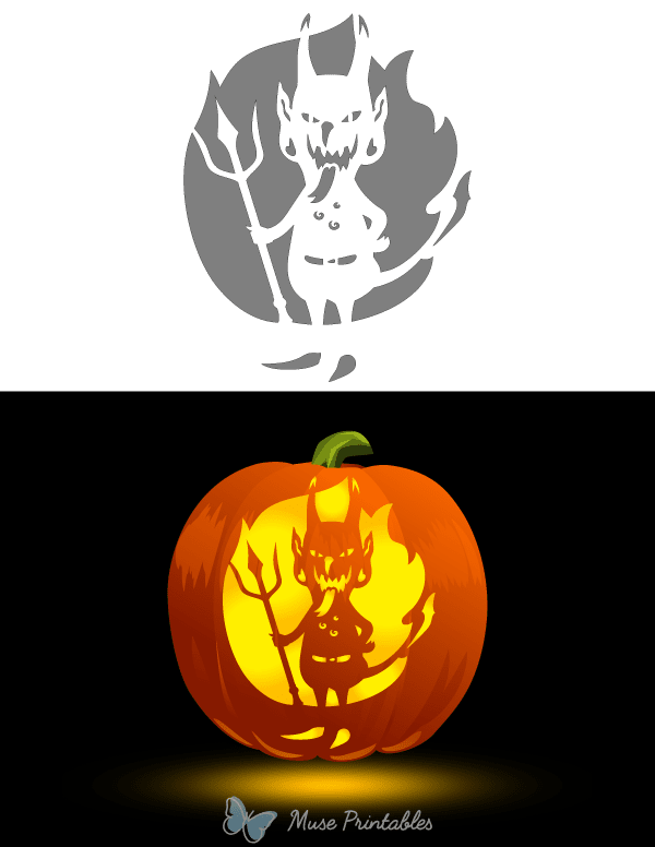 Detailed Cartoon Devil Pumpkin Stencil