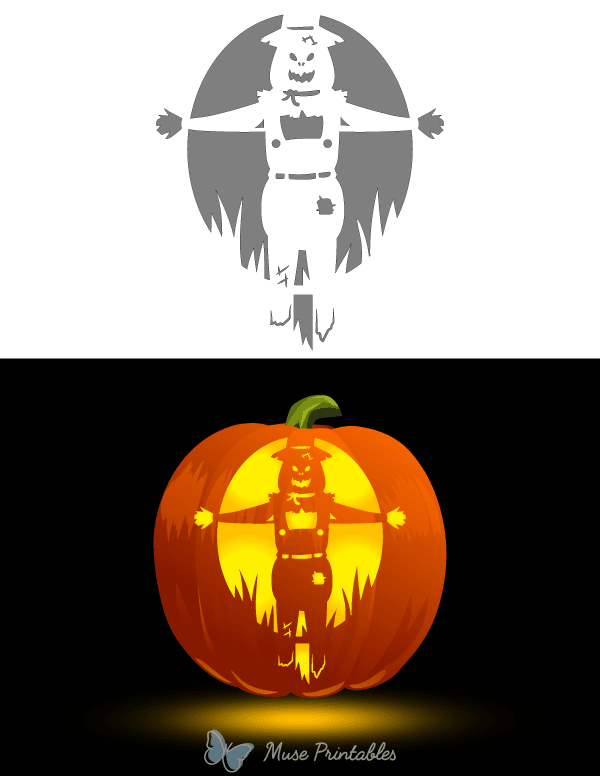 Detailed Cartoon Scarecrow Pumpkin Stencil