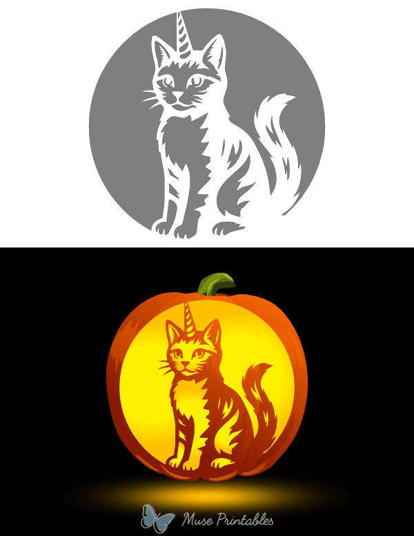 Detailed Cat Unicorn Pumpkin Stencil