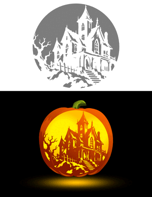 Detailed Haunted House Pumpkin Stencil