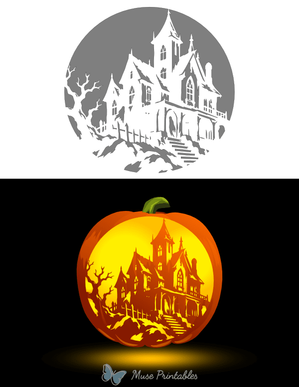 Detailed Haunted House Pumpkin Stencil