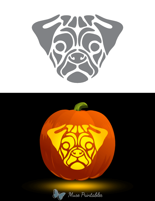 Printable Detailed Pug Face Pumpkin Stencil