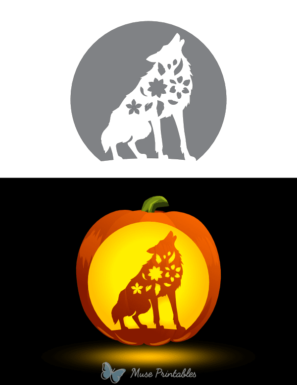 Floral Howling Wolf Pumpkin Stencil