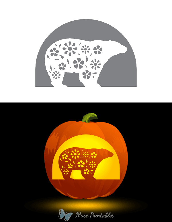 Floral Polar Bear Pumpkin Stencil
