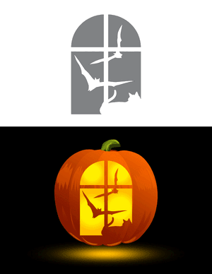 Flying Bats and Cat in Window Pumpkin Stencil