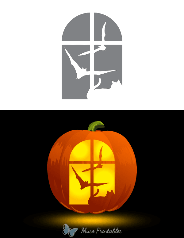 Flying Bats and Cat in Window Pumpkin Stencil