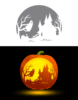 Full Moon Halloween Scene Pumpkin Stencil