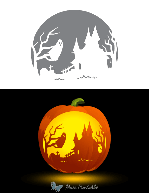 Full Moon Halloween Scene Pumpkin Stencil