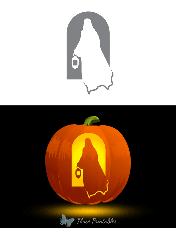 Ghost Carrying Lantern Pumpkin Stencil