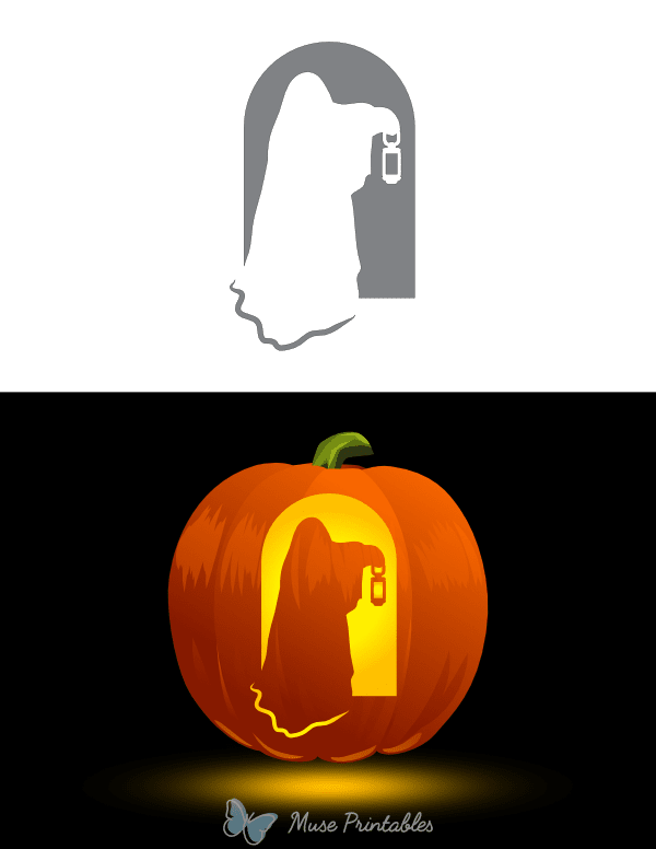 Ghost With Lantern Pumpkin Stencil