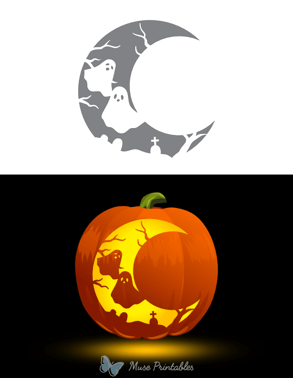 Ghosts and Crescent Moon Pumpkin Stencil