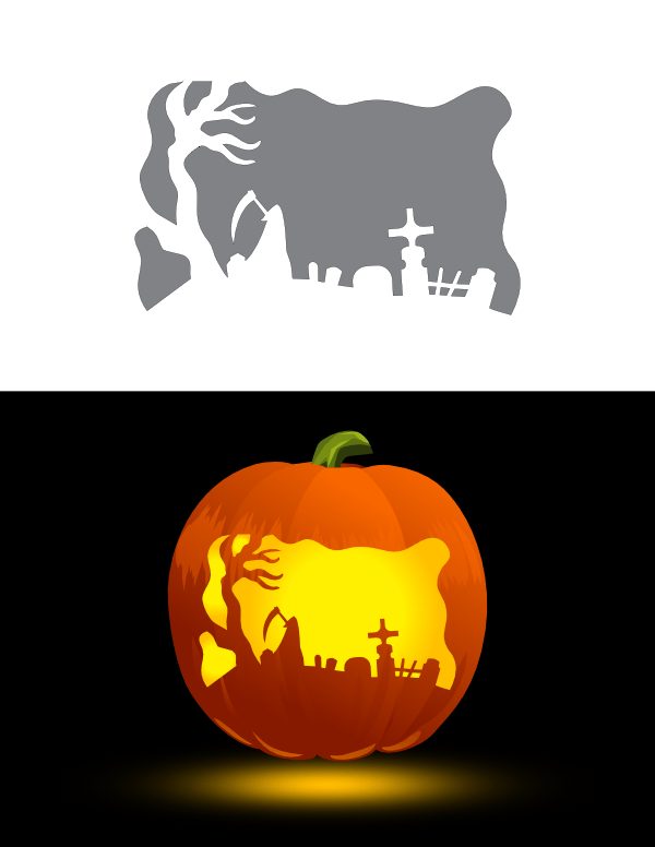 Printable Grim Reaper In Graveyard Pumpkin Stencil