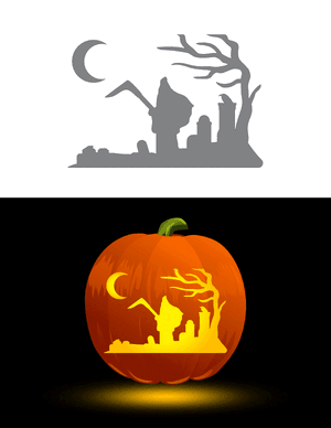 Grim Reaper Scene With Crescent Moon Pumpkin Stencil