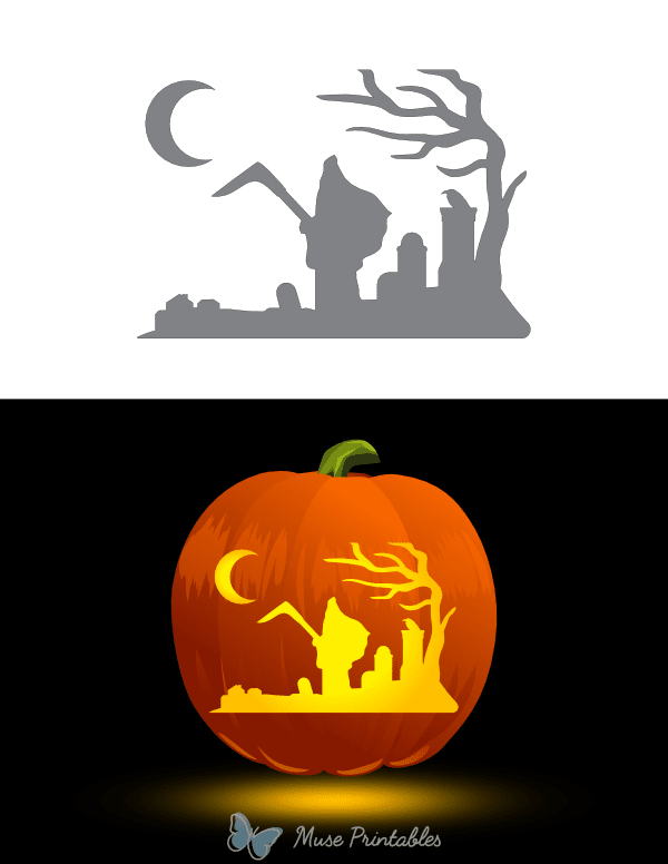 Grim Reaper Scene With Crescent Moon Pumpkin Stencil