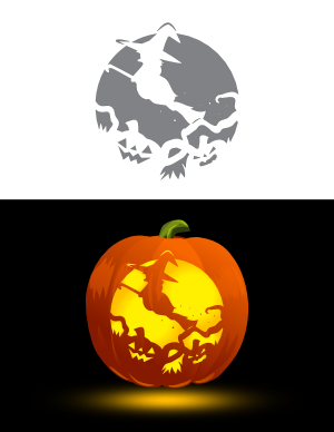 Halloween Full Moon With Flying Witch Pumpkin Stencil