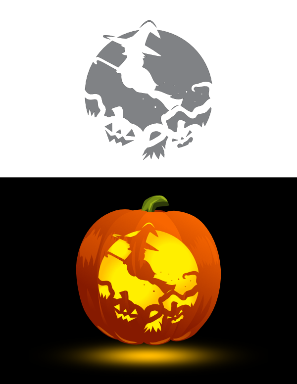 Printable Halloween Full Moon With Flying Witch Pumpkin Stencil