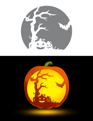 Halloween Scene With Bat Moon and Pumpkins Pumpkin Stencil
