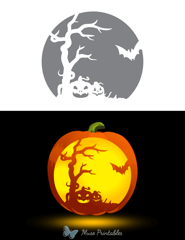 Halloween Scene With Bat Moon and Pumpkins Pumpkin Stencil