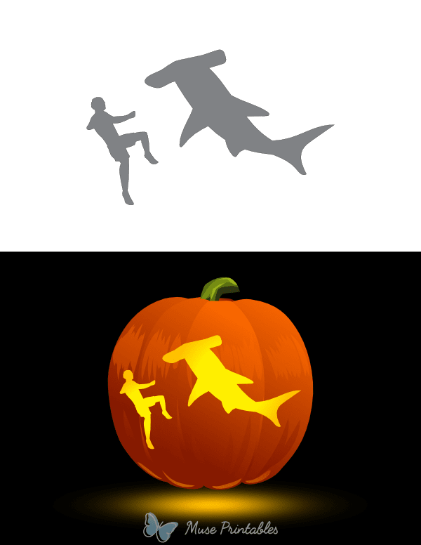 Hammerhead Shark and Swimmer Pumpkin Stencil