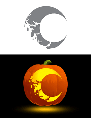 Haunted House and Crescent Moon Pumpkin Stencil