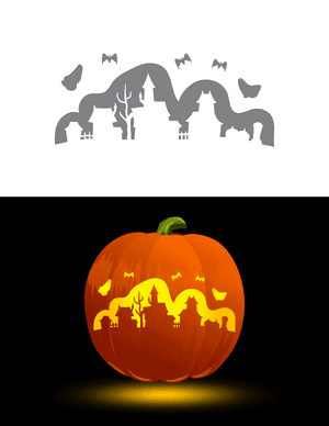 Haunted Village With Bats and Ghosts Pumpkin Stencil