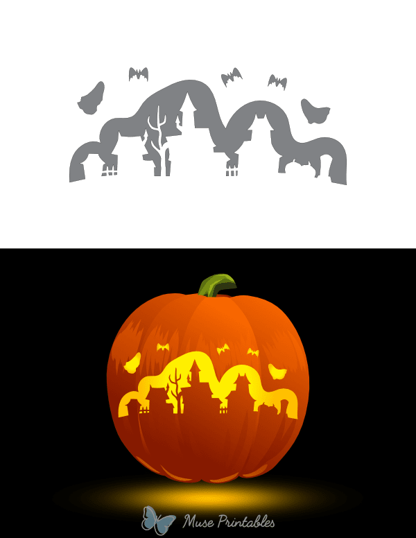 Haunted Village With Bats and Ghosts Pumpkin Stencil