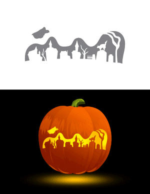 Haunted Village With Cat and Ghost Pumpkin Stencil