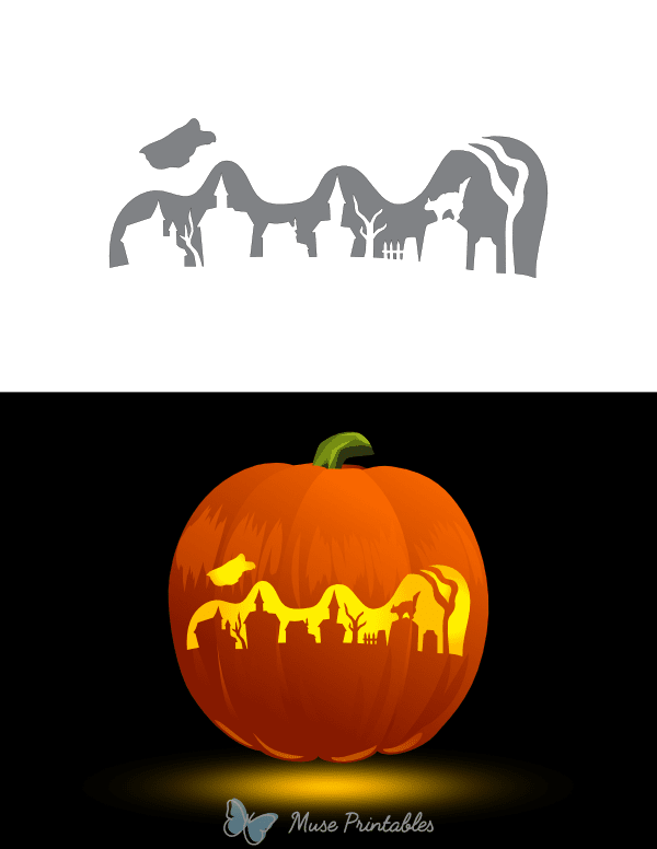 Haunted Village With Cat and Ghost Pumpkin Stencil