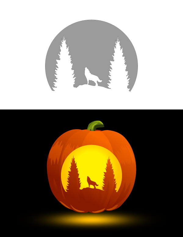 Printable Howling Wolf and Forest Pumpkin Stencil