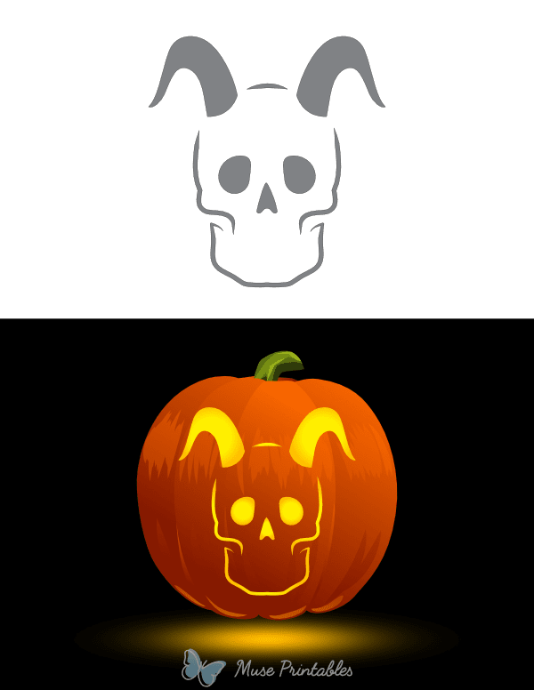 Human Skull With Curved Horns Pumpkin Stencil