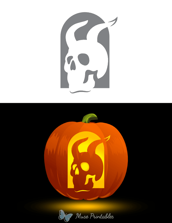 Human Skull With Devil Horns Pumpkin Stencil