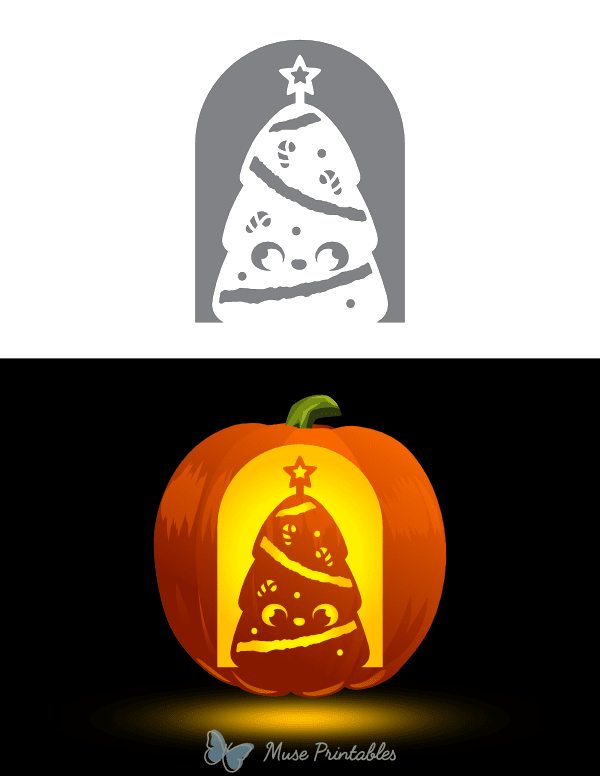 Kawaii Christmas Tree Pumpkin Stencil