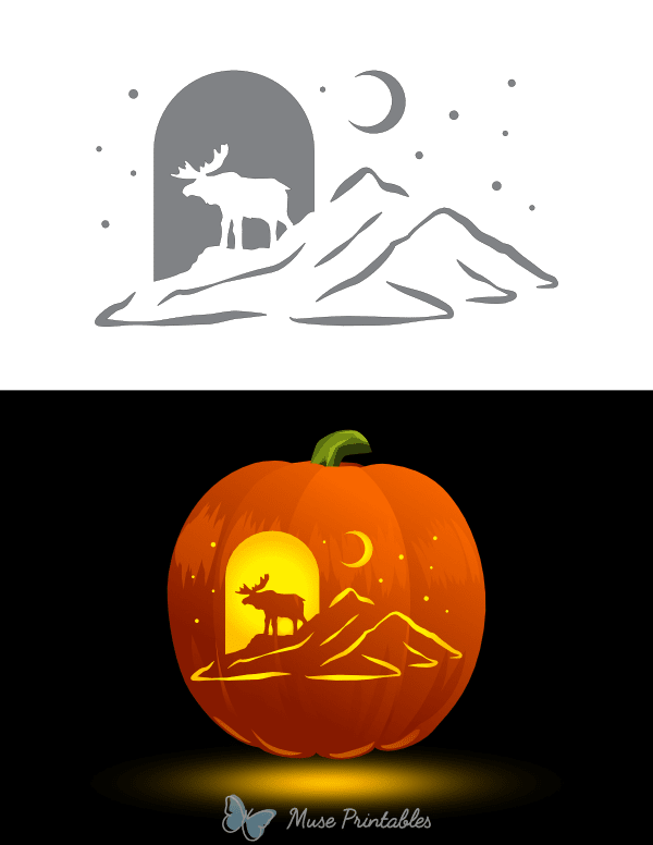 Moose Nature Scene With Crescent Moon Pumpkin Stencil