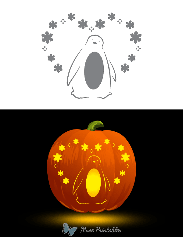 Penguin and Snowflake Heart Pumpkin Stencil
