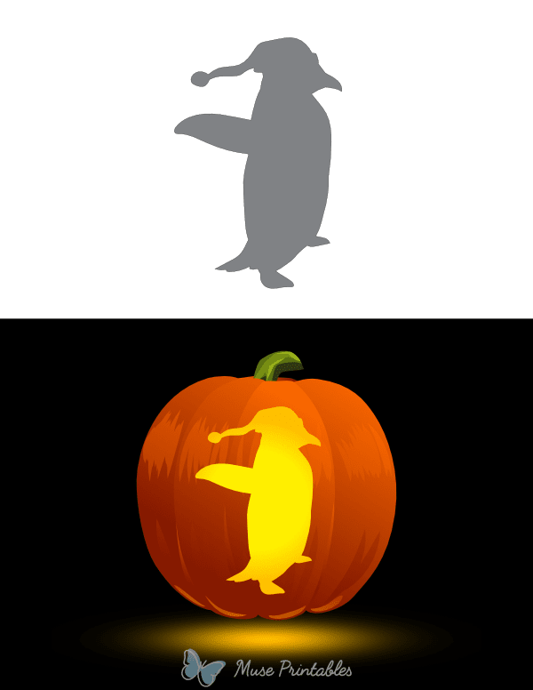 Penguin Wearing Santa Hat Pumpkin Stencil