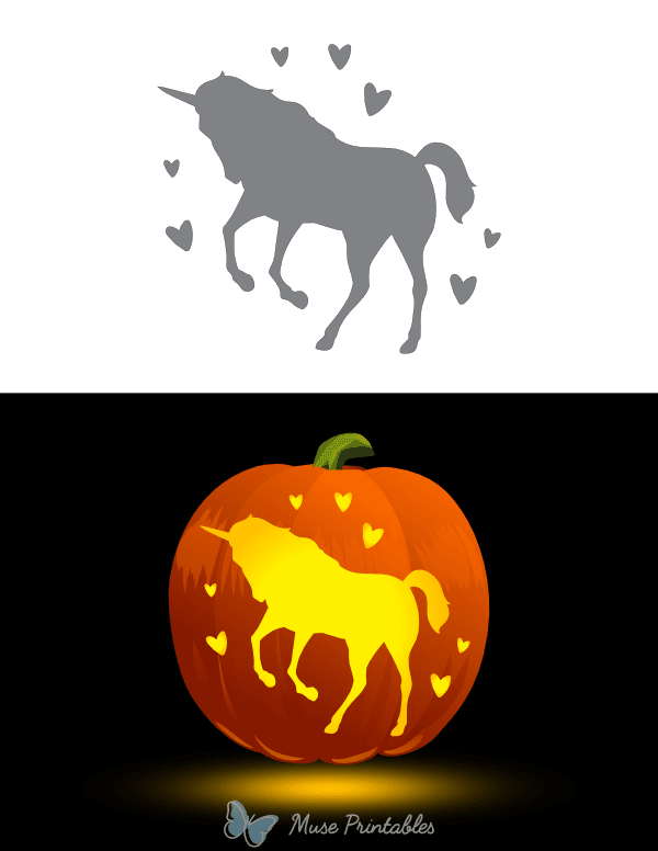 Rearing Unicorn and Hearts Pumpkin Stencil