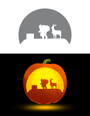 Santa Claus and Reindeer on a Roof Pumpkin Stencil