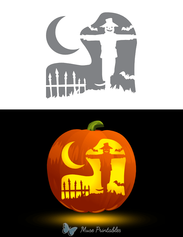 Scarecrow Under Crescent Moon Pumpkin Stencil