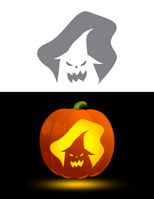 Scary Jack-o'-lantern Wearing Witch Hat Pumpkin Stencil