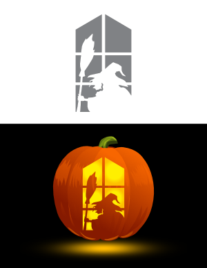Scary Witch and Broom in Window Pumpkin Stencil