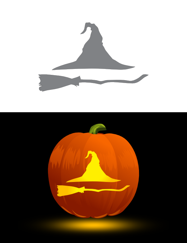 Simple Witch Hat and Broom Pumpkin Stencil